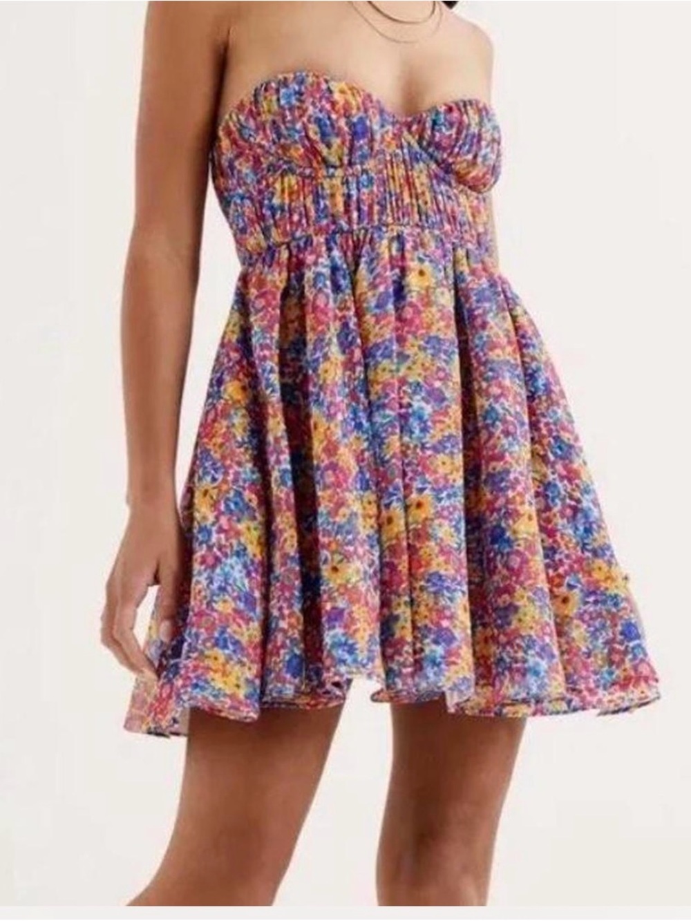 For Love & Lemons Strapless Floral Mini Dress in Blue, Pink, Yellow